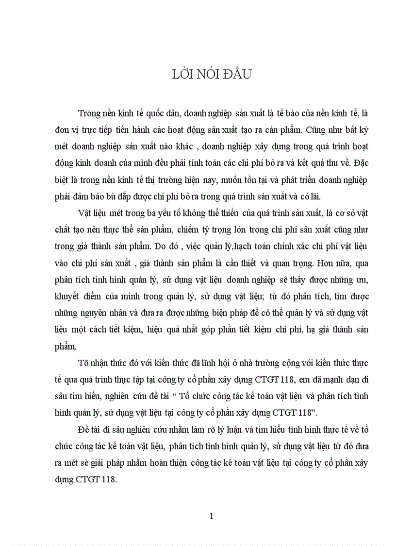 Tổ chức công tác kế toán vật liệu và phân tích tình hình quản lý sử dụng vật liệu tại công ty cổ phần xây dựng CTGT 118 1