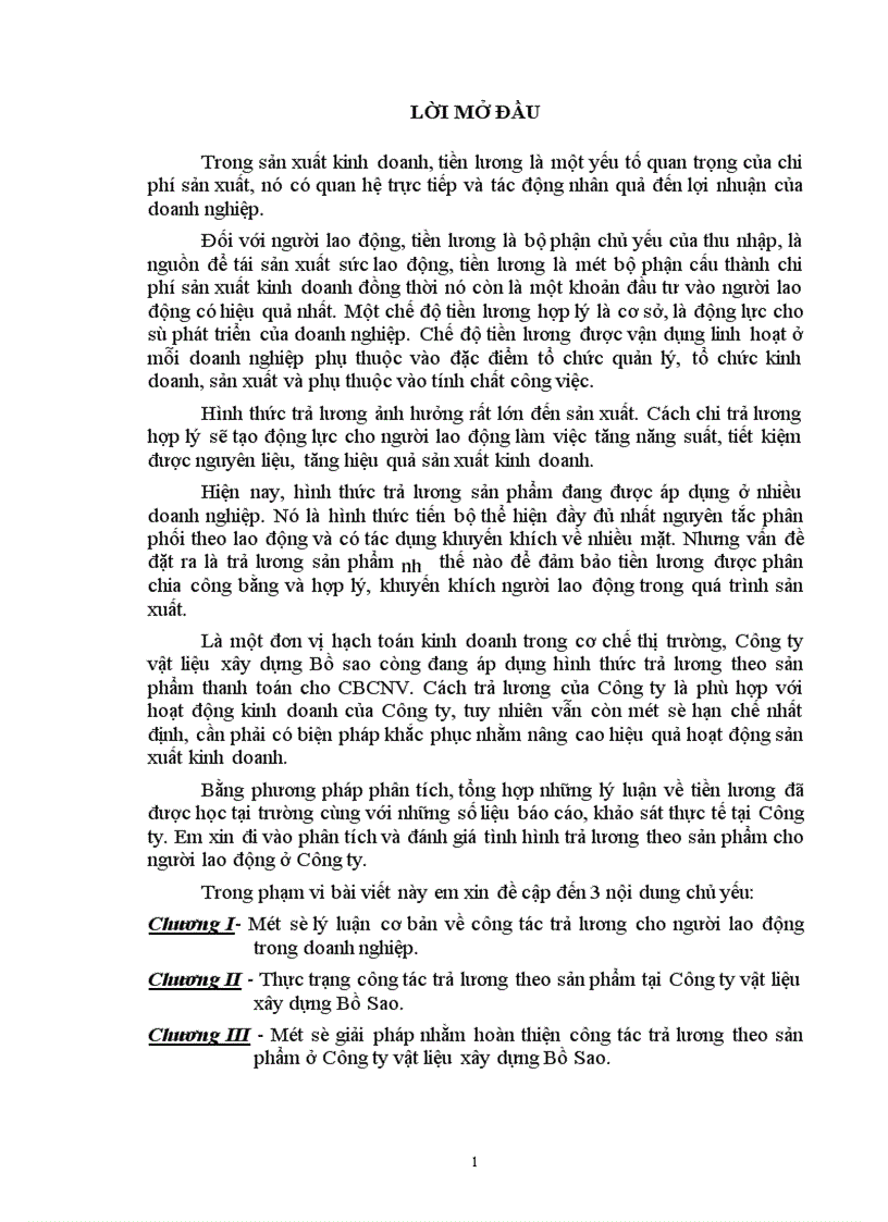 Một số giải pháp nhằm hoàn thiện công tác trả lương theo sản phẩm ở Công ty vật liệu xây dựng Bồ Sao