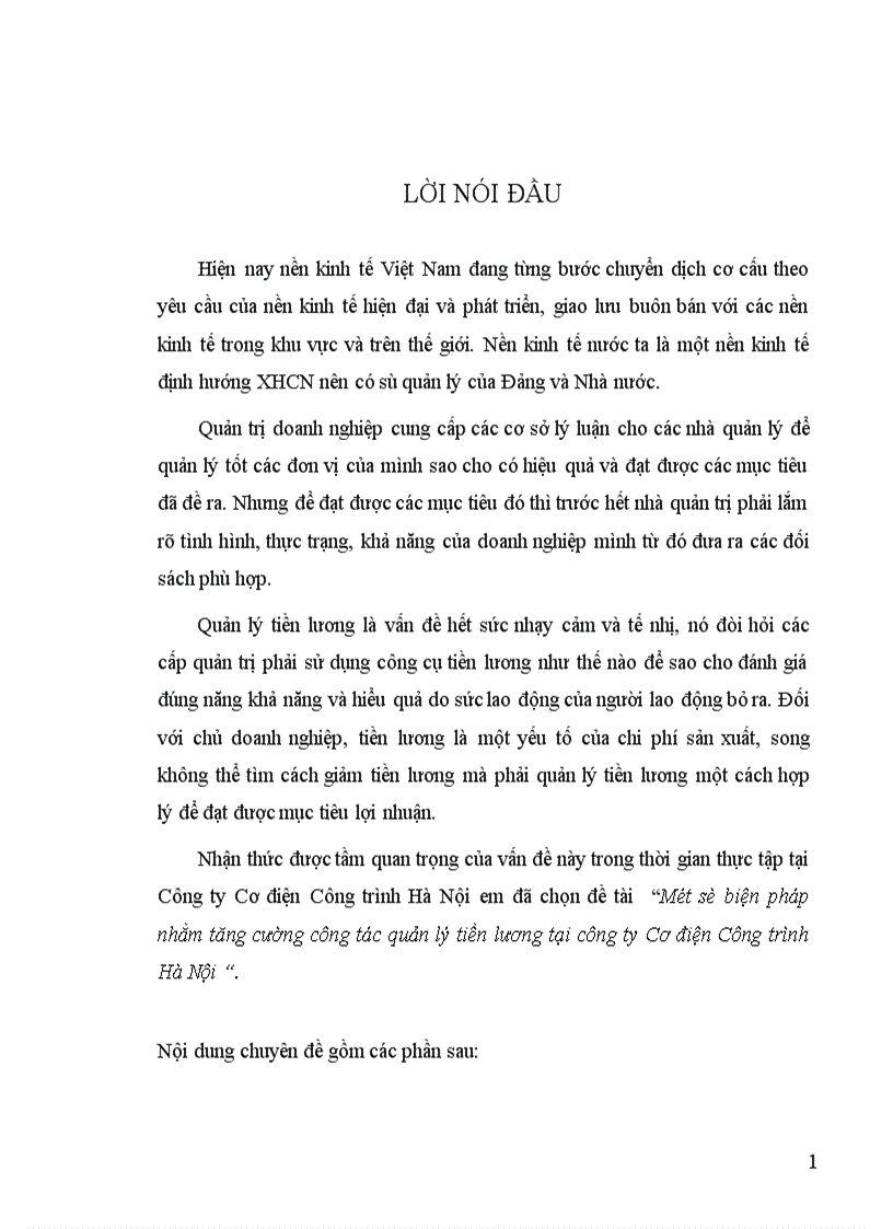 Một số biện pháp nhằm tăng cường công tác quản lý tiền lương tại công ty Cơ điện Công trình Hà Nội 1