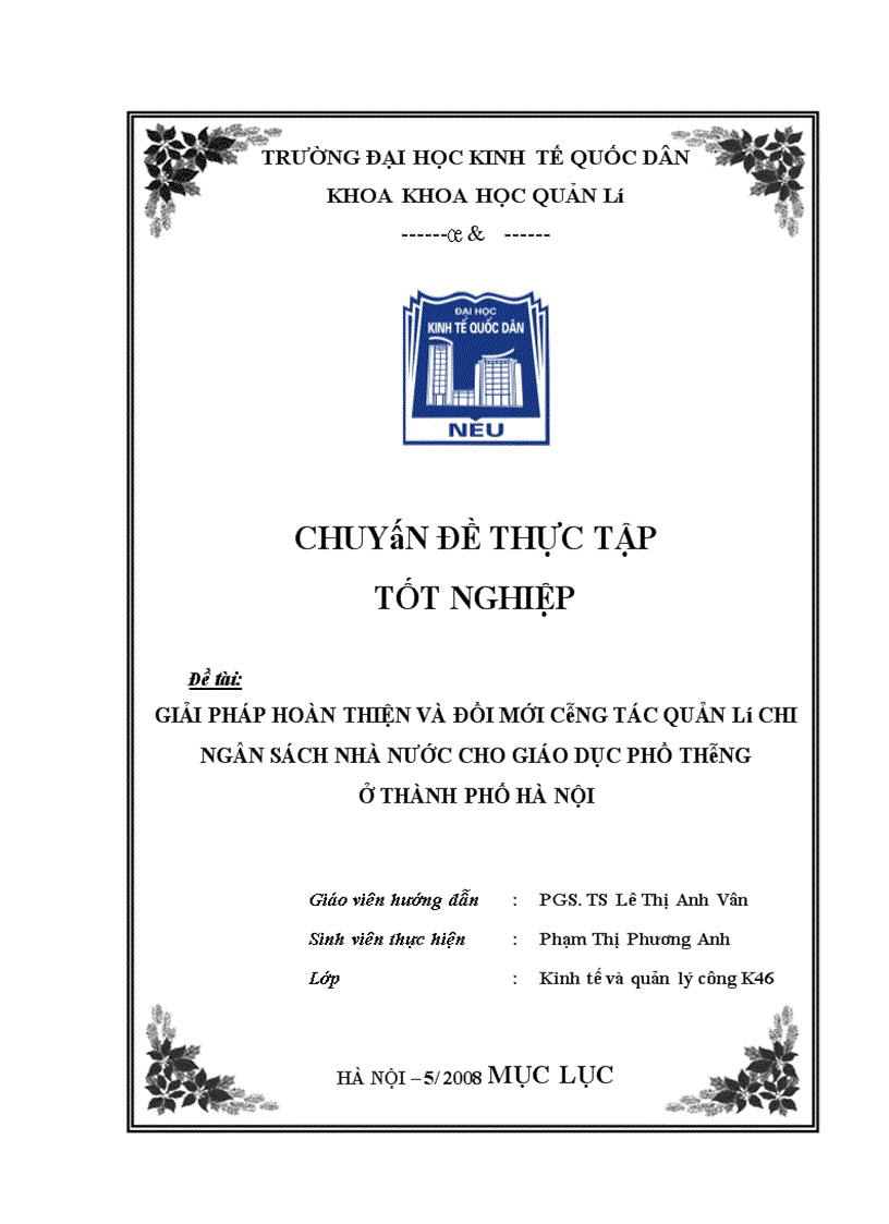 Giải pháp hoàn thiện và đổi mới công tác quản lý chi NSNN cho sự nghiệp GDPT ở Thành phố Hà Nội