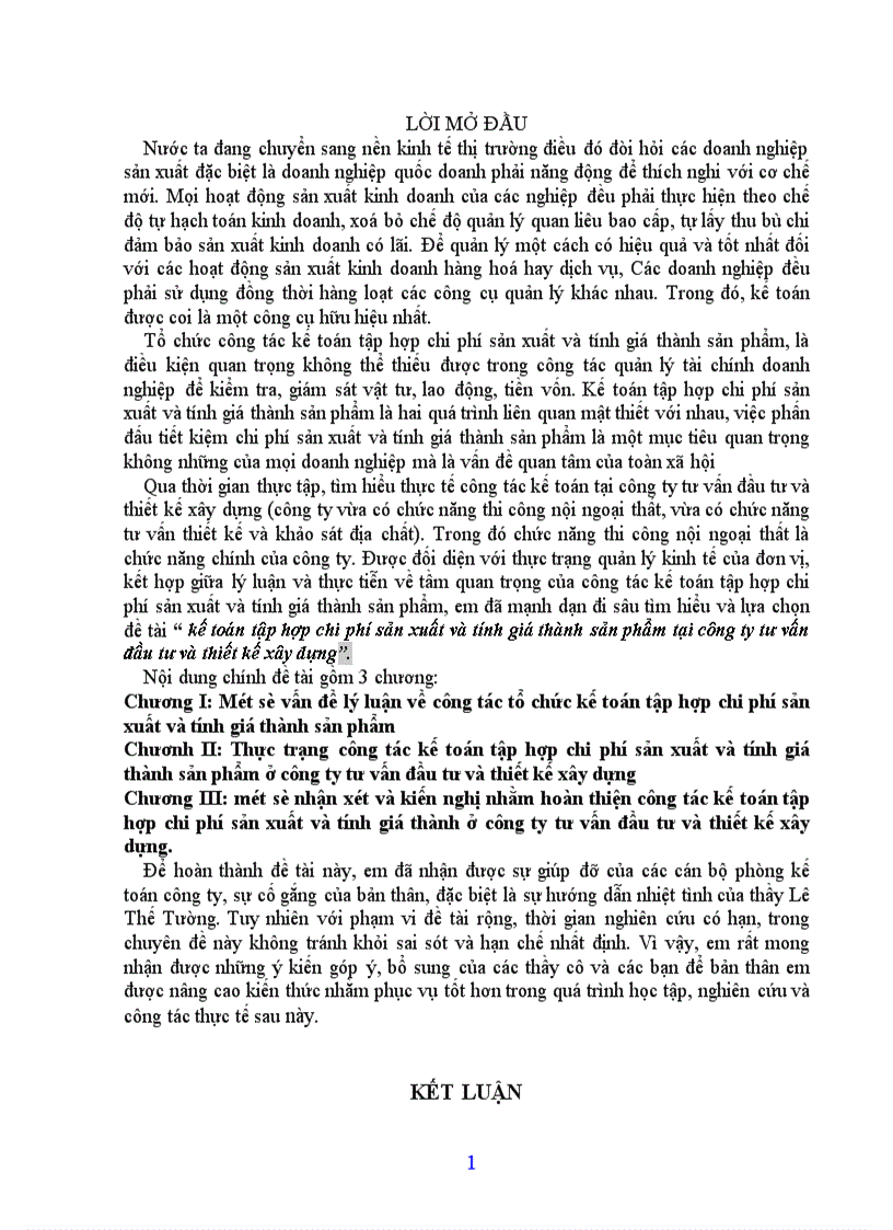 Kế toán tập hợp chi phí sản xuất và tính giá thành sản phẩm tại công ty tư vấn đầu tư và thiết kế xây dựng 1