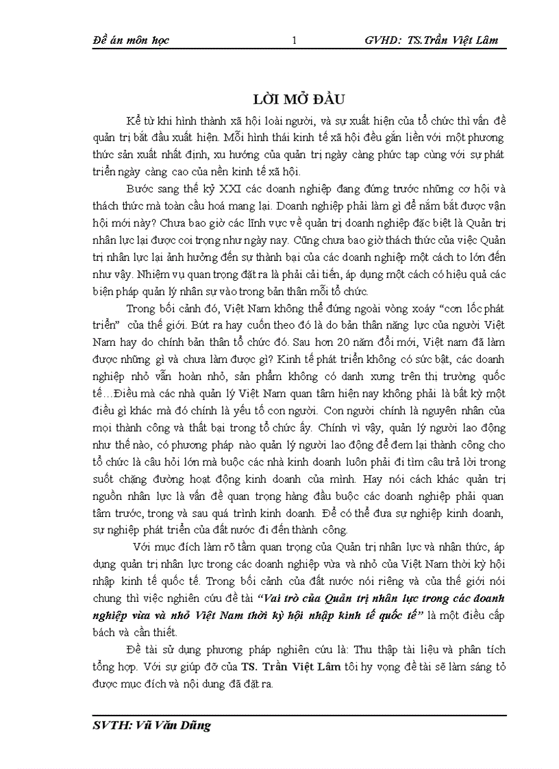 Vai trò của Quản trị nhân lực trong các doanh nghiệp vừa và nhỏ Việt Nam thời kỳ hội nhập kinh tế quốc tế 1
