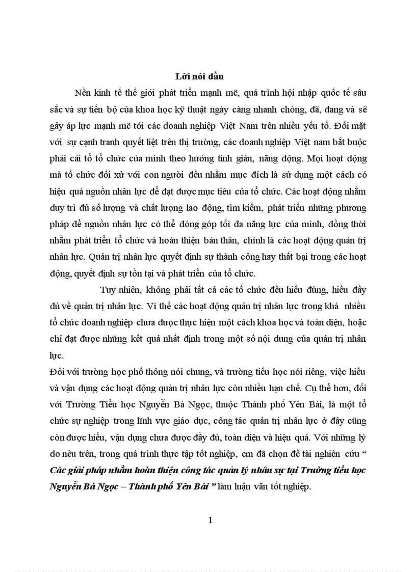 Các giải pháp nhằm hoàn thiện công tác quản lý nhân sự tại Trường tiểu học Nguyễn Bá Ngọc Thành phố Yên Bái 1