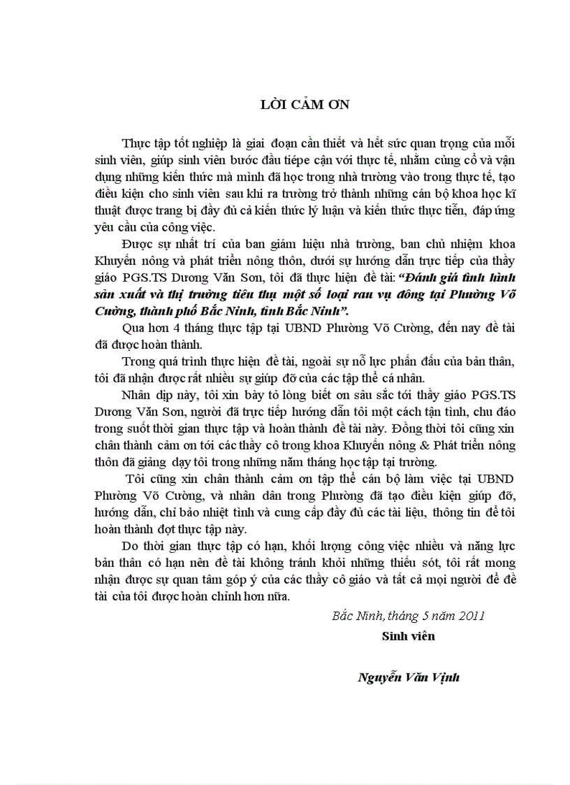 Đánh giá tình hình sản xuất và thị trường tiêu thụ một số loại rau vụ đông tại Phường Võ Cường thành phố Bắc Ninh tỉnh Bắc Ninh
