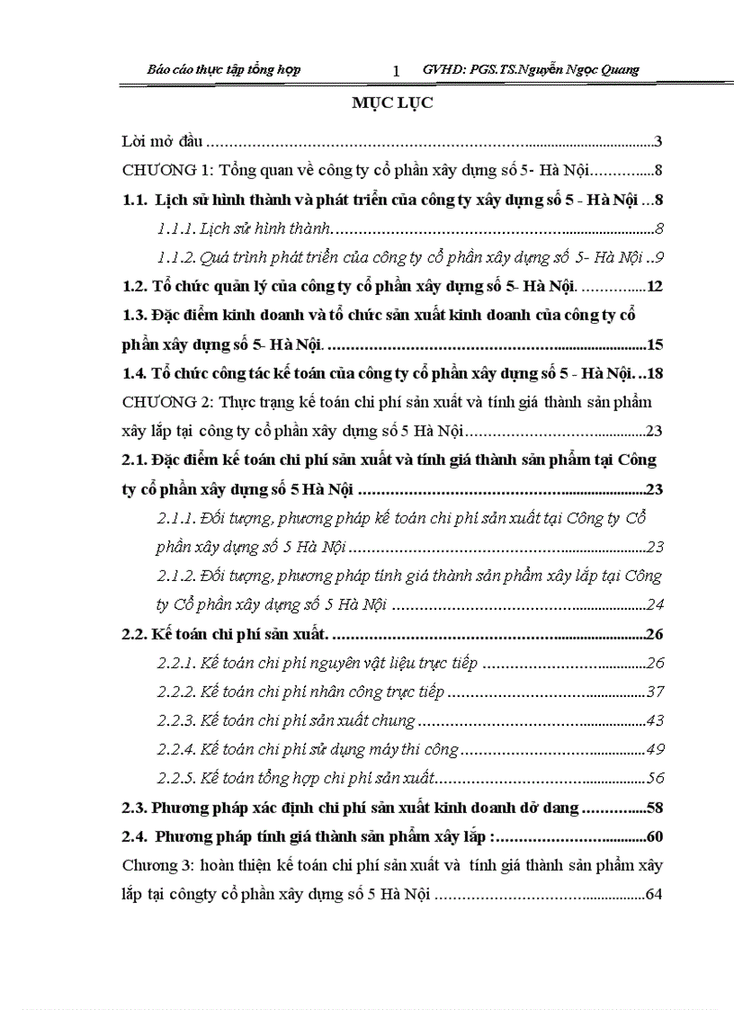 Hoàn thiện kế toán chi phí sản xuất và tính giá thành sản phẩm xây lắp tại Công ty cổ phần xây dựng số 5 Hà Nội 1