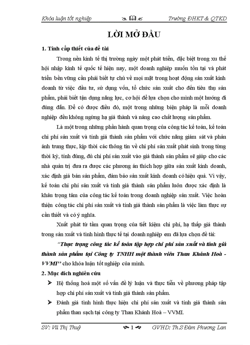 Thực trạng công tác kế toán tập hợp chi phí sản xuất và tính giá thành sản phẩm tại Công ty TNHH một thành viên Than Khánh Hoà VVMI 1