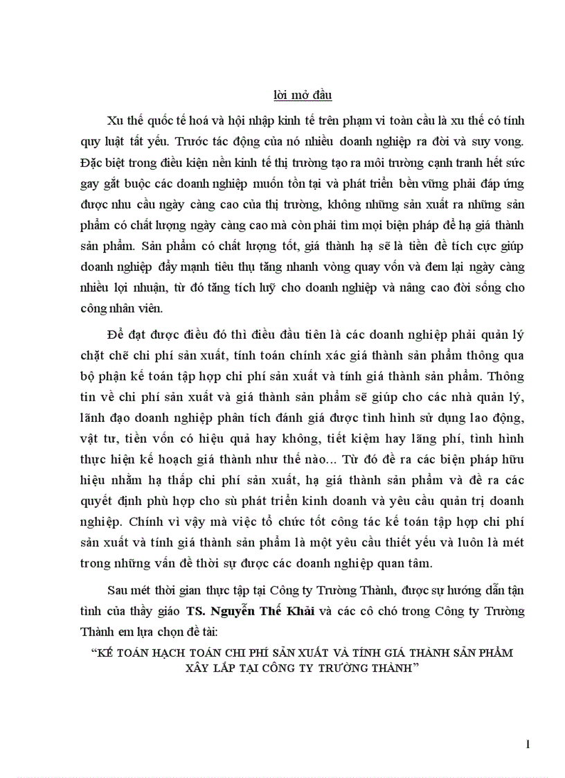 Kế toán hạch toán chi phí sản xuất và tính giá thành sản phẩm xây lắp tại Công ty Trường Thành 1