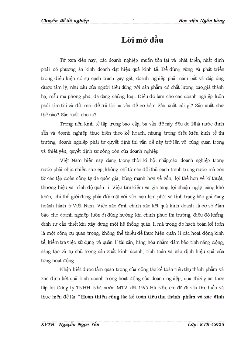 Hoàn thiện công tác kế toán tiêu thụ thành phẩm và xác định kết quả kinh doanh tại Công ty TNHH Nhà nước MTV dệt 19 5 Hà Nội