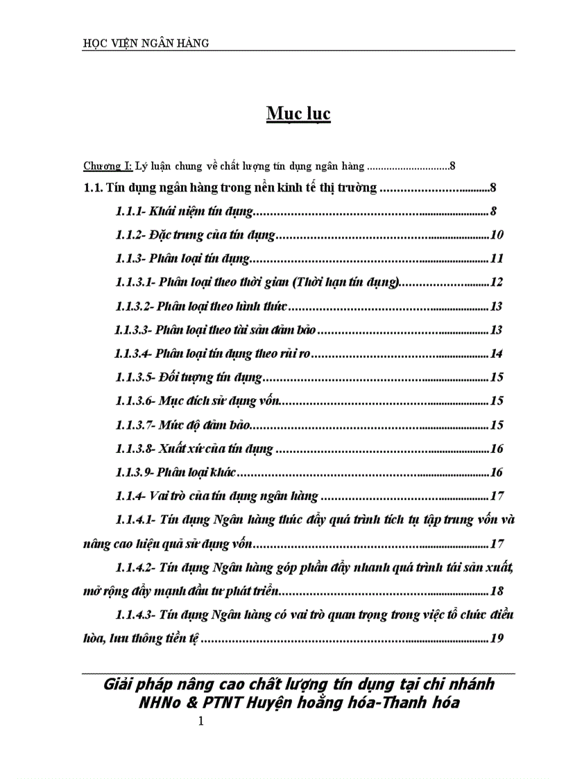 Một số giải pháp nâng cao chất lượng tín dụng tại Ngân hàng Nông nghiệp và Phát triển Nông thôn Huyện Hoằng Hoá Tỉnh Thanh Hóa