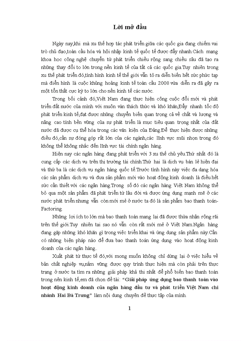 Giải pháp ứng dụng bao thanh toán vào hoạt động kinh doanh của ngân hàng đầu tư và phát triển Việt Nam chi nhánh Hai Bà Trưng