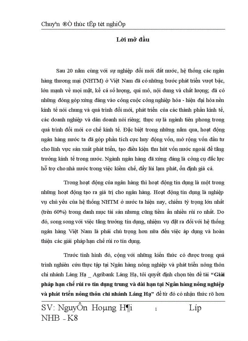 Giải pháp hạn chế rủi ro tín dụng trung và dài hạn tại Ngân hàng nông nghiệp và phát triển nông thôn chi nhánh Láng Hạ