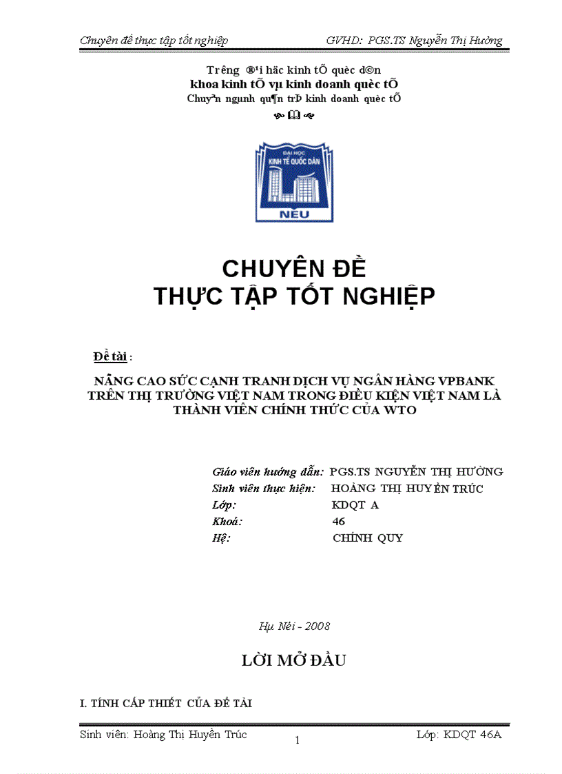 Nâng cao sức cạnh tranh dịch vụ ngân hàng của VPBank trên thị trường Việt Nam trong điều kiện VN là thành viên chính thức của WTO