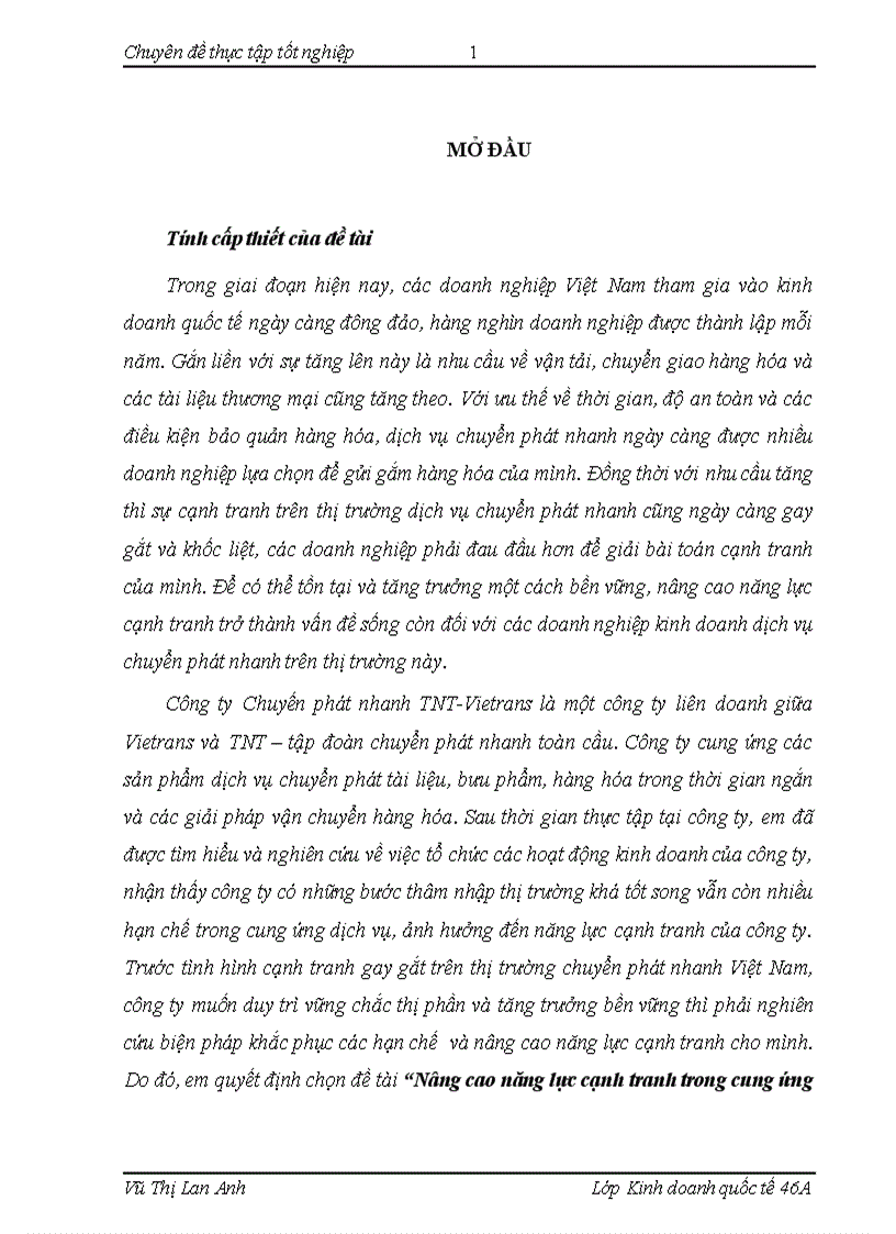 Nâng cao năng lực cạnh tranh trong cung ứng dịch vụ chuyển phát nhanh của công ty TNT Vietrans trên thị trường Việt Nam