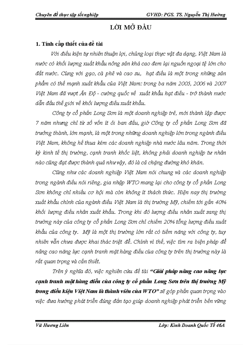 Giải pháp nâng cao năng lực cạnh tranh mặt hàng điều của công ty cổ phần Long Sơn trên thị trường Mỹ trong điều kiện Việt Nam là thành viên của WTO