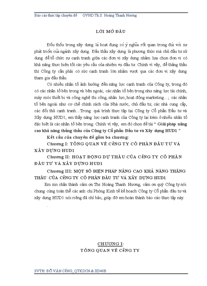 Báo cáo thực tập tổng hợp tại Công ty cổ phần đẩu tư và xây dựng HUD