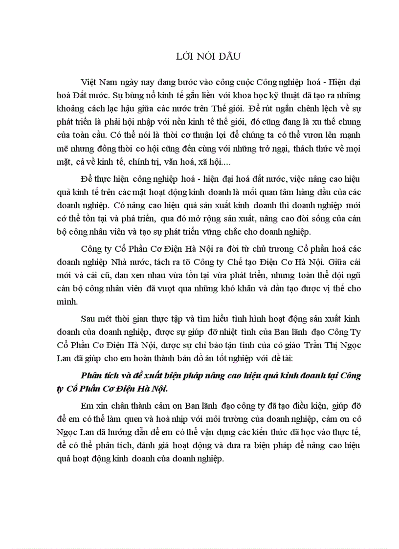 Phân tích và đề xuất biện pháp nâng cao hiệu quả kinh doanh tại Công ty Cổ Phần Cơ Điện Hà Nội 1
