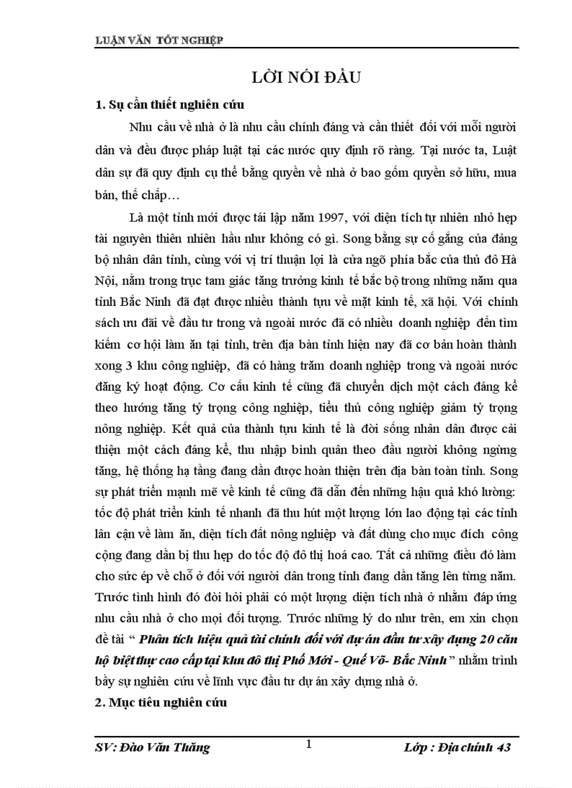 Phân tích hiệu quả tài chính đối với dự án đầu tư xây dựng 20 căn hộ biệt thự cao cấp tại khu đô thị Phố Mới Quế Võ Bắc Ninh