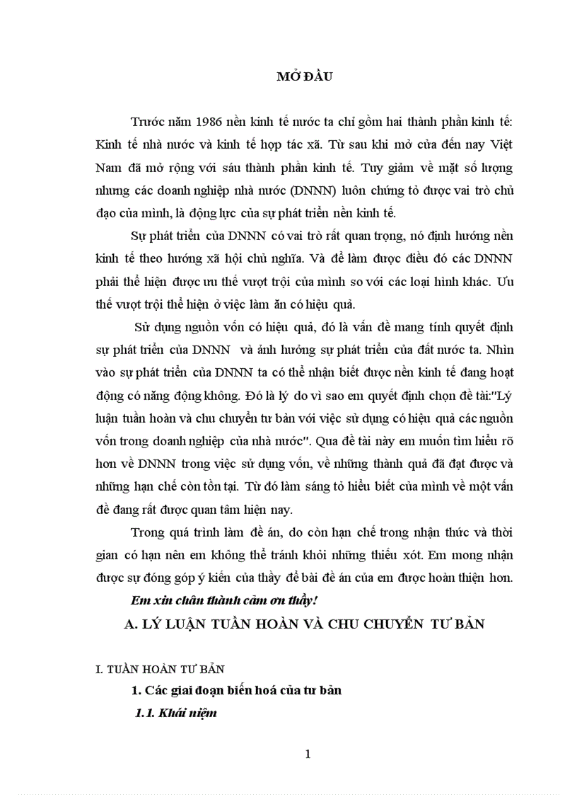 Lý luận tuần hoàn và chu chuyển tư bản với việc sử dụng có hiệu quả các nguồn vốn trong doanh nghiệp của nhà nước 1