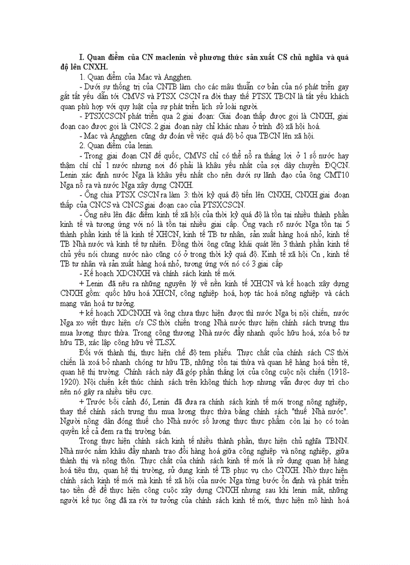 Quan điểm của CN maclenin về phương thức sản xuất CS chủ nghĩa và quá độ lên CNXH