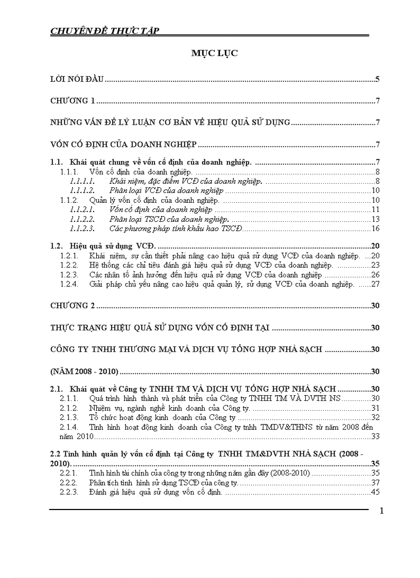 Giải pháp nâng cao hiệu quả sử dụng vốn cố định tại Công ty TNHH THƯƠNG MẠI DỊCH VỤ TỔNG HỢP NHÀ SẠCH 1
