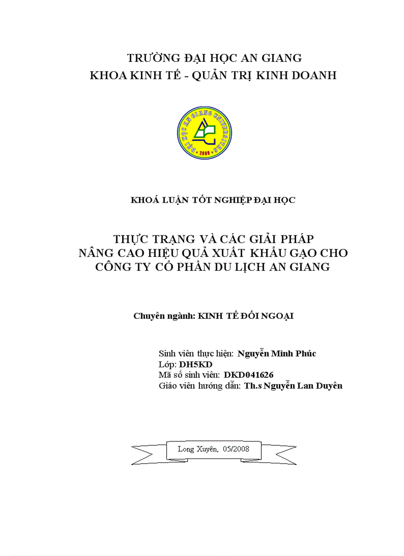 Thực trạng và các giải pháp nâng cao hiệu quả xuất khẩu gạo cho công ty Cổ Phần Du Lịch An Giang