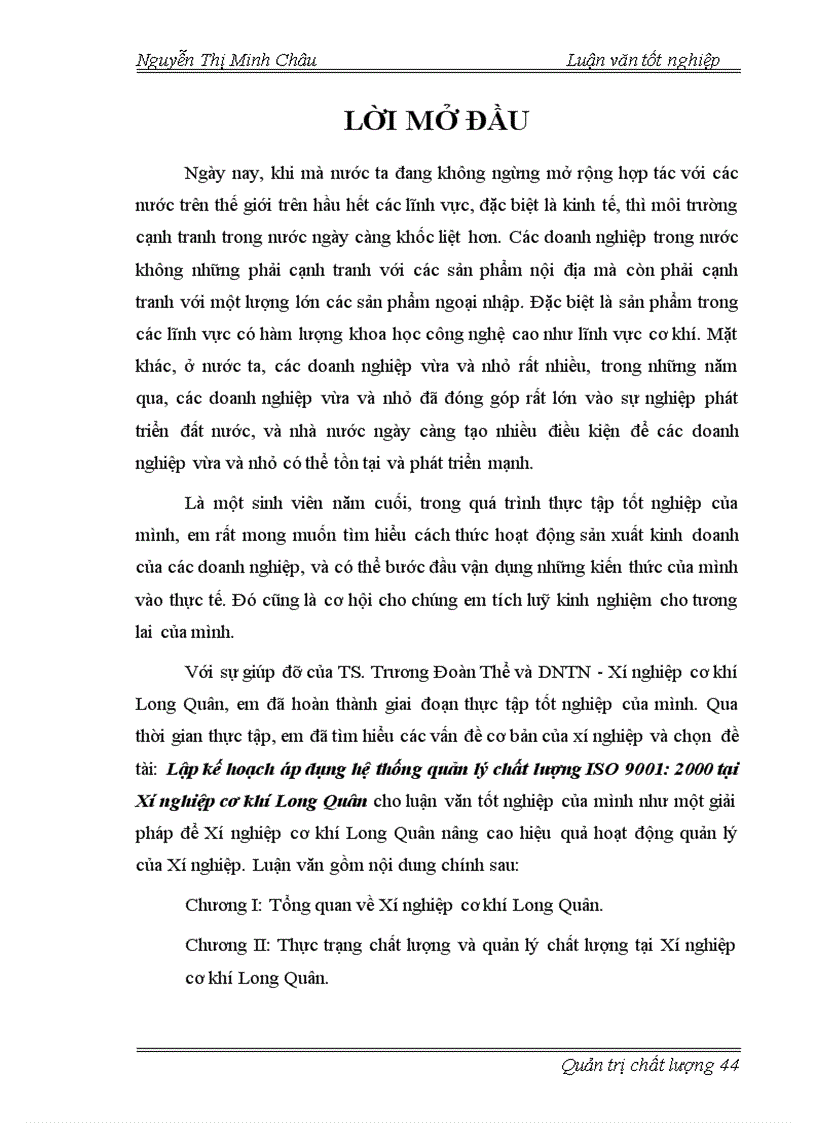 Lập kế hoạch áp dụng hệ thống quản lý chất lượng ISO 9001 2000 tại Xí nghiệp cơ khí Long Quân