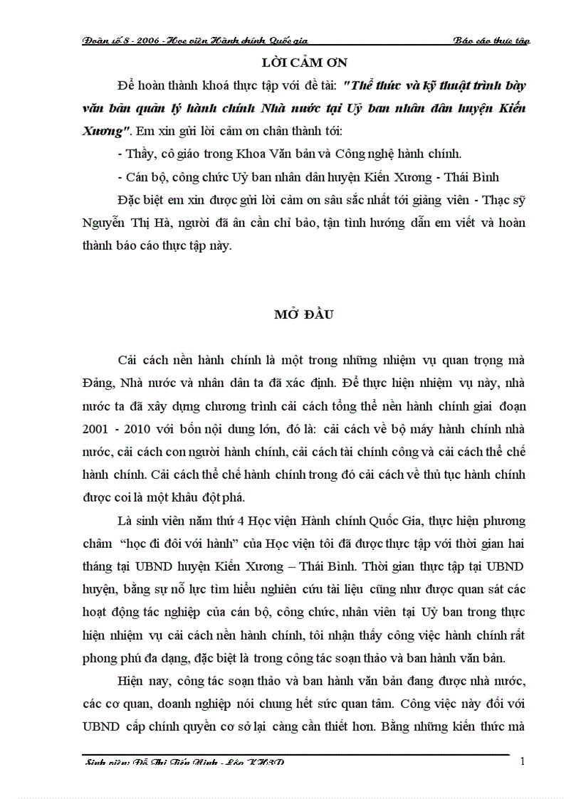 Thực trạng về thể thức và kỹ thuật trình bày văn bản quản lý hành chính Nhà nước tại UBND huyện Kiến Xương Thái Bình