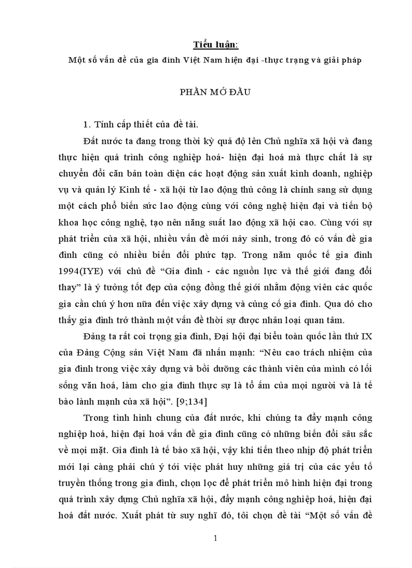 Tiểu luận Một số vấn đề của gia đình Việt Nam hiện đại thực trạng và giải pháp