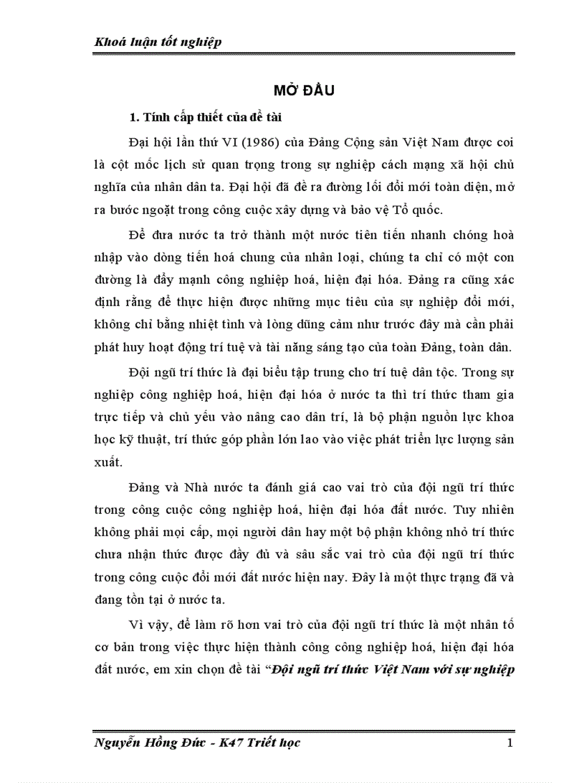 Tiểu luận Đội ngũ trí thức Việt Nam với sự nghiệp công nghiệp hoá hiện đại hóa đất nước