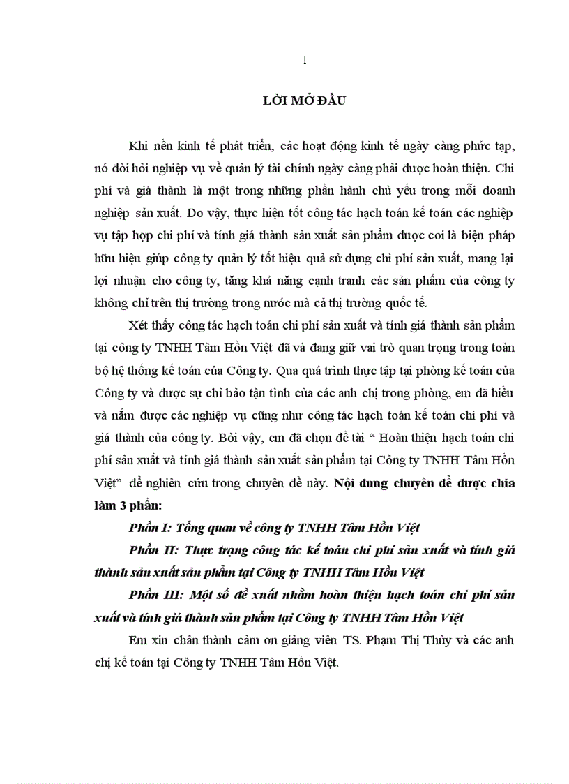 Hoàn thiện hạch toán chi phí sản xuất và tính giá thành sản xuất sản phẩm tại Công ty TNHH Tâm Hồn Việt