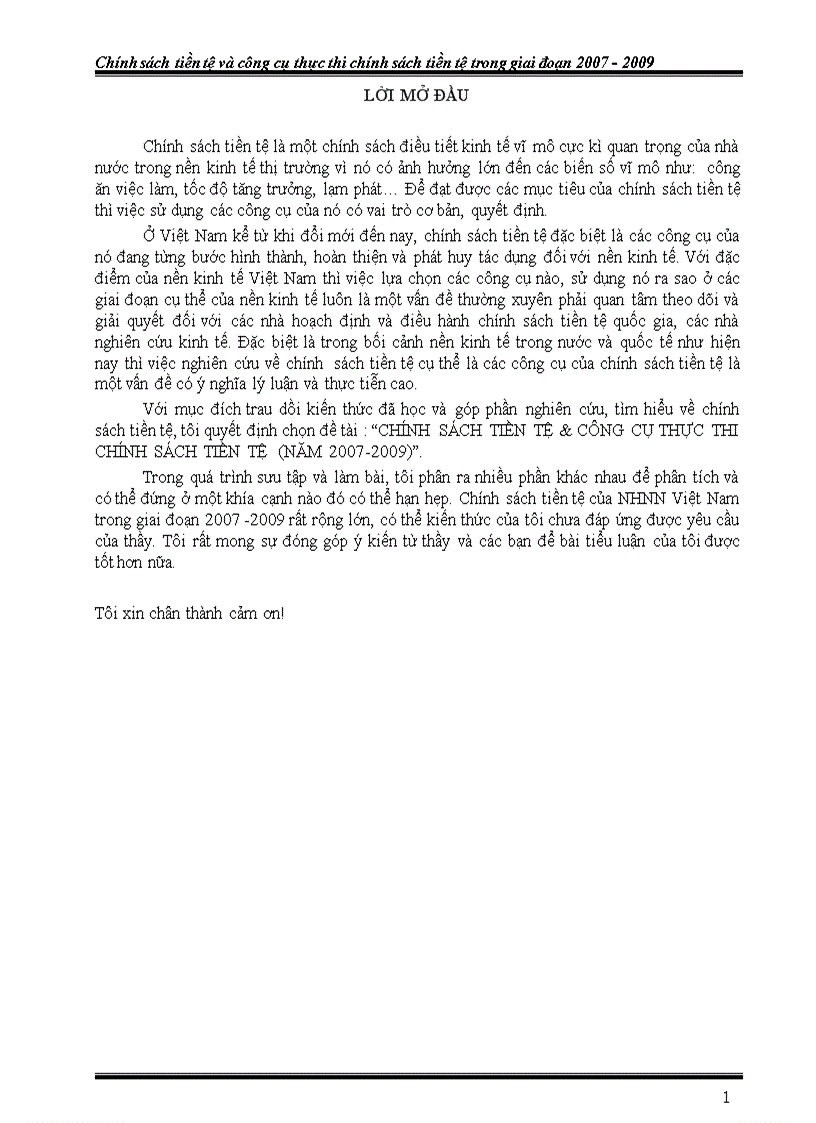 Chính sách tiền tệ và công cụ thực thi chính sách tiền tệ năm 2007 2009