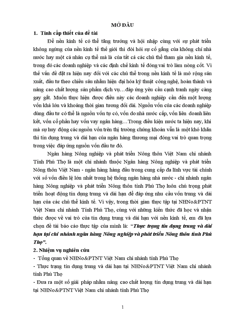 Thực trạng tín dụng trung và dài hạn tại chi nhánh ngân hàng Nông nghiệp và phát triển Nông thôn tỉnh Phú Thọ