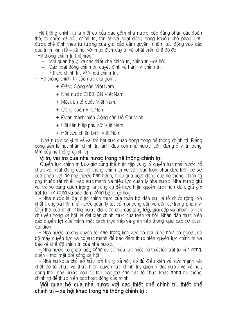 Phân tích vị trí vai trò của nhà nước trong hệ thống chính trị nước Cộng hoà xã hội chủ nghĩa Việt Nam