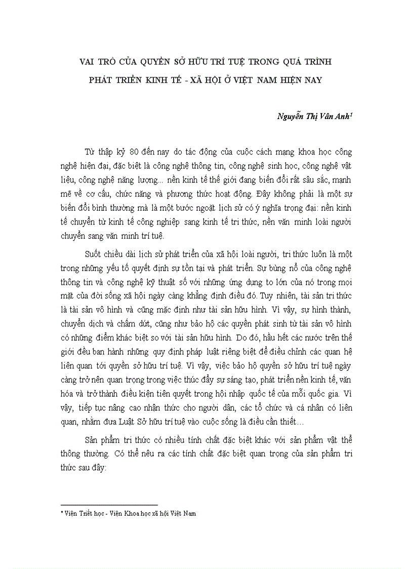 Vai trò của quyền sở hữu trí tuệ trong quá trình phát triển kinh tế xã hội ở việt nam hiện nay