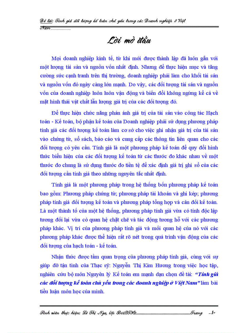 Tính giá đối tượng kế toán chủ yếu trong các Doanh nghiệp ở Việt Nam