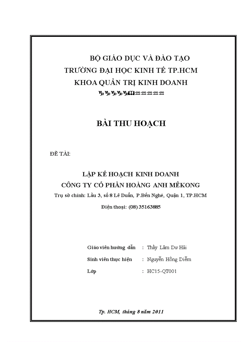 Lập kế hoạch kinh doanh công ty cổ phần hoàng anh mêkong