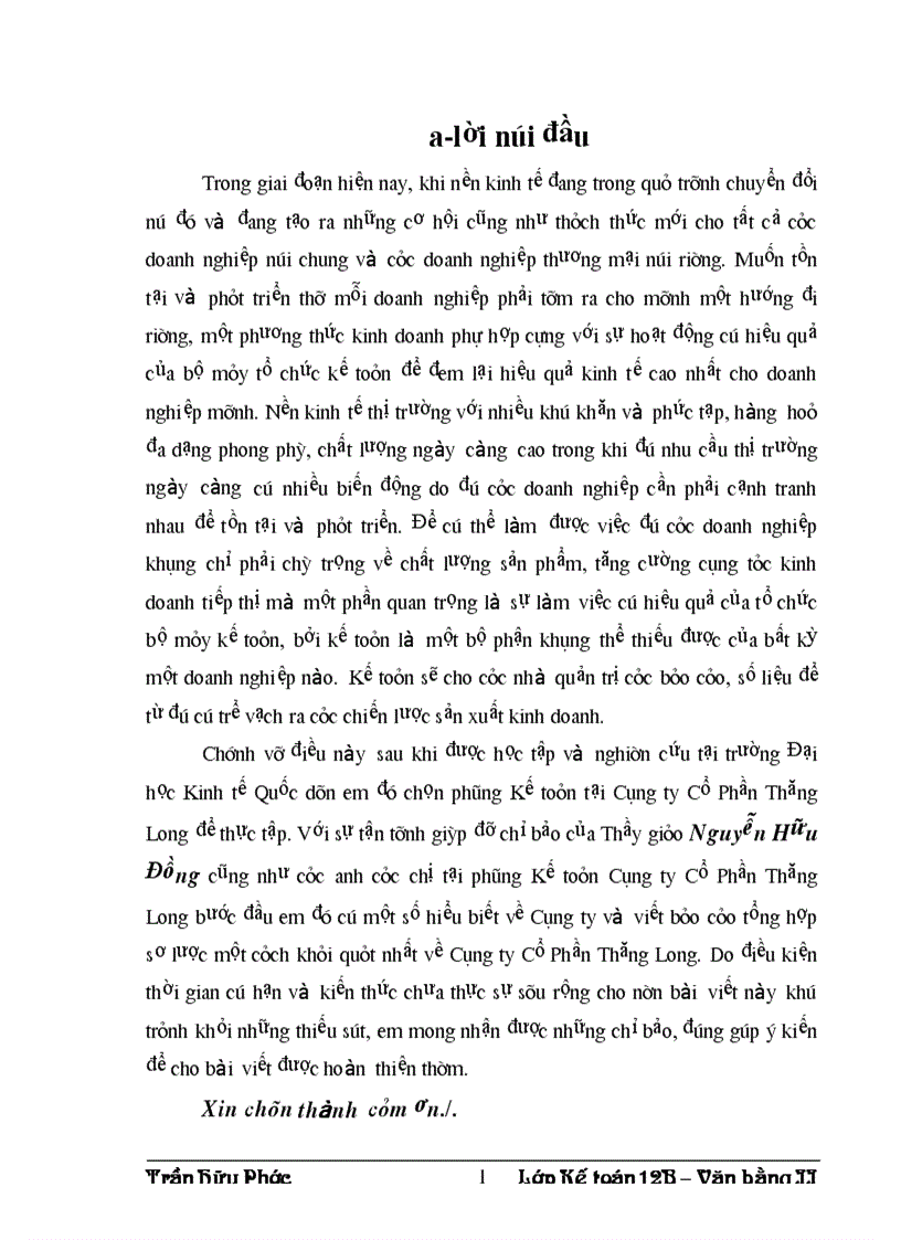 Báo cáo thực tập tổng hợp của công ty cổ phần thăng long