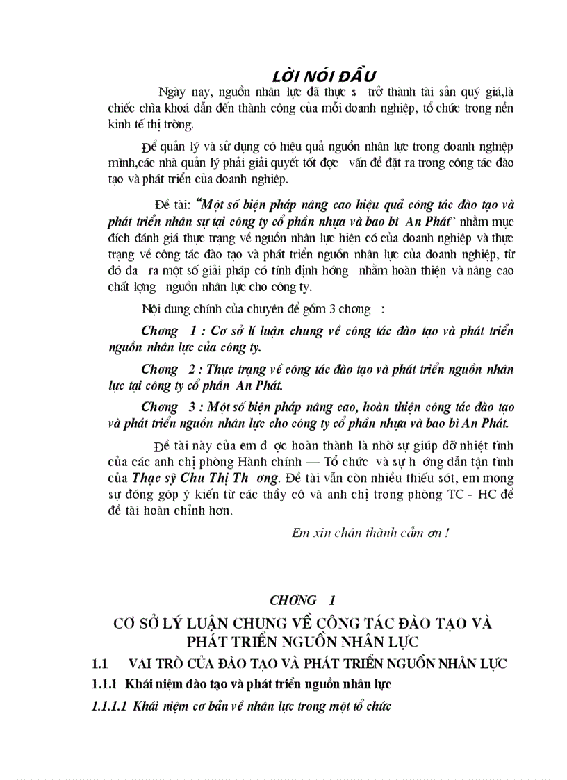 Chuyên đề báo cáo tôt nghiệp Một số biện pháp về công tác đào tạo và phát triển nhân lực tại công ty cổ phần Nhựa và bao bì An Phát