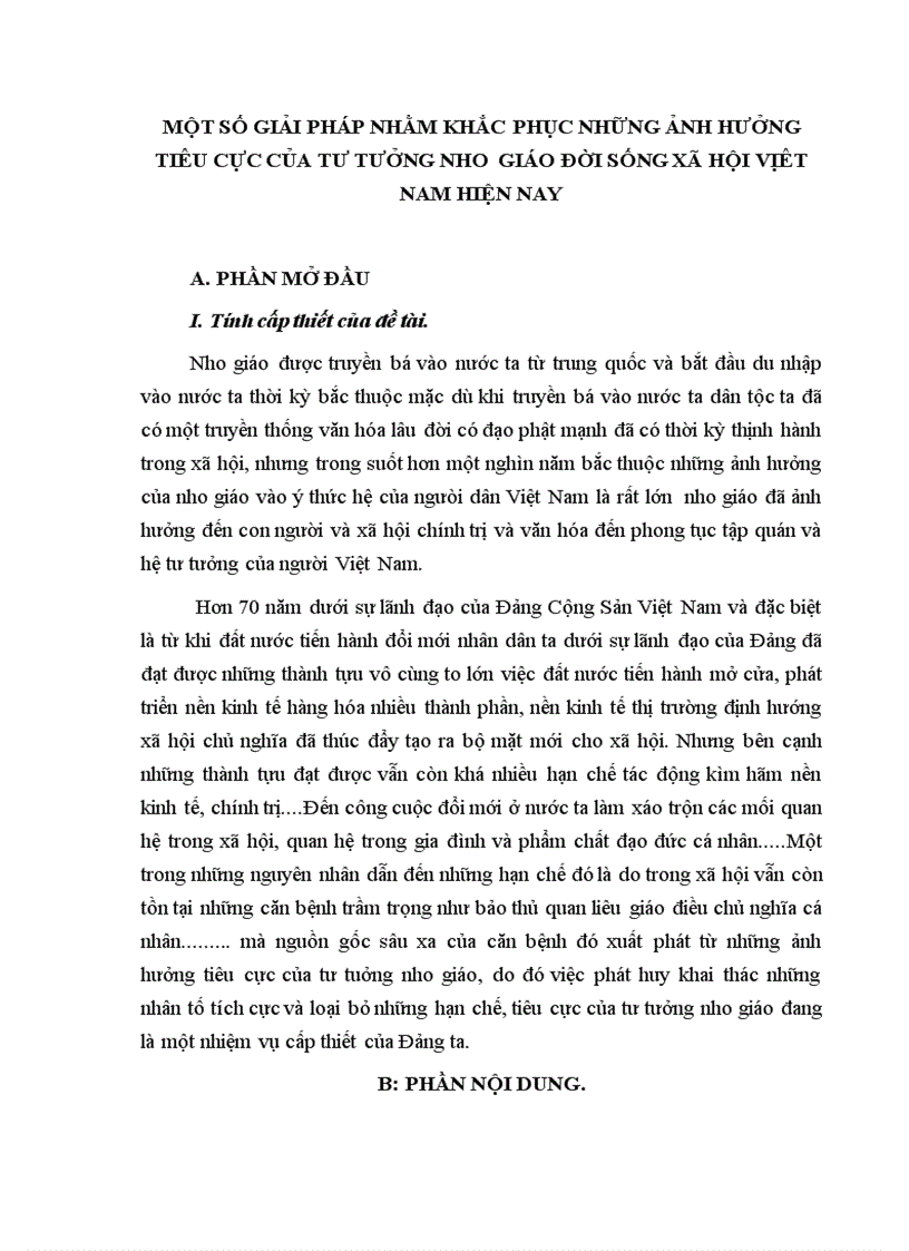 Một số giải pháp nhằm khắc phục những ảnh hưởng tiêu cực của tư tưởng nho giáo đời sống xã hội vịêt nam hiện nay