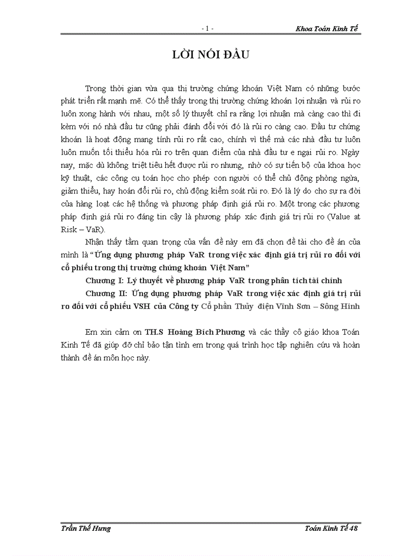 Ứng dụng phương pháp VaR trong việc xác định giá trị rủi ro đối với cổ phiếu trong thị trường chứng khoán Việt Nam