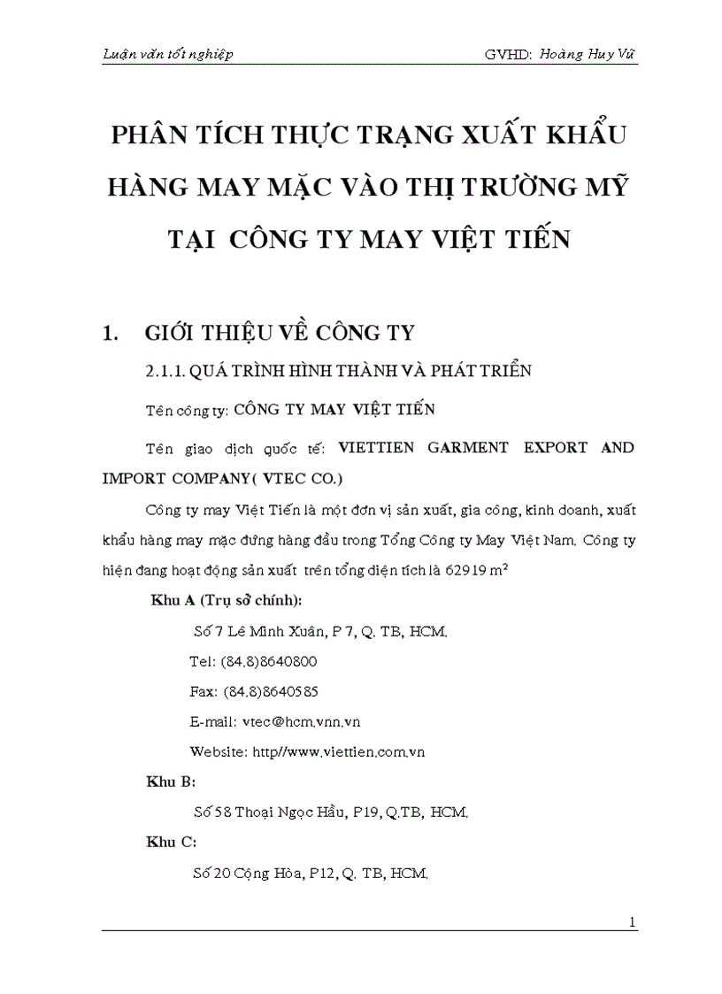 Phân tích thực trạng xuất khẩu hàng may mặc vào thị trường mỹ tại công ty may việt tiến