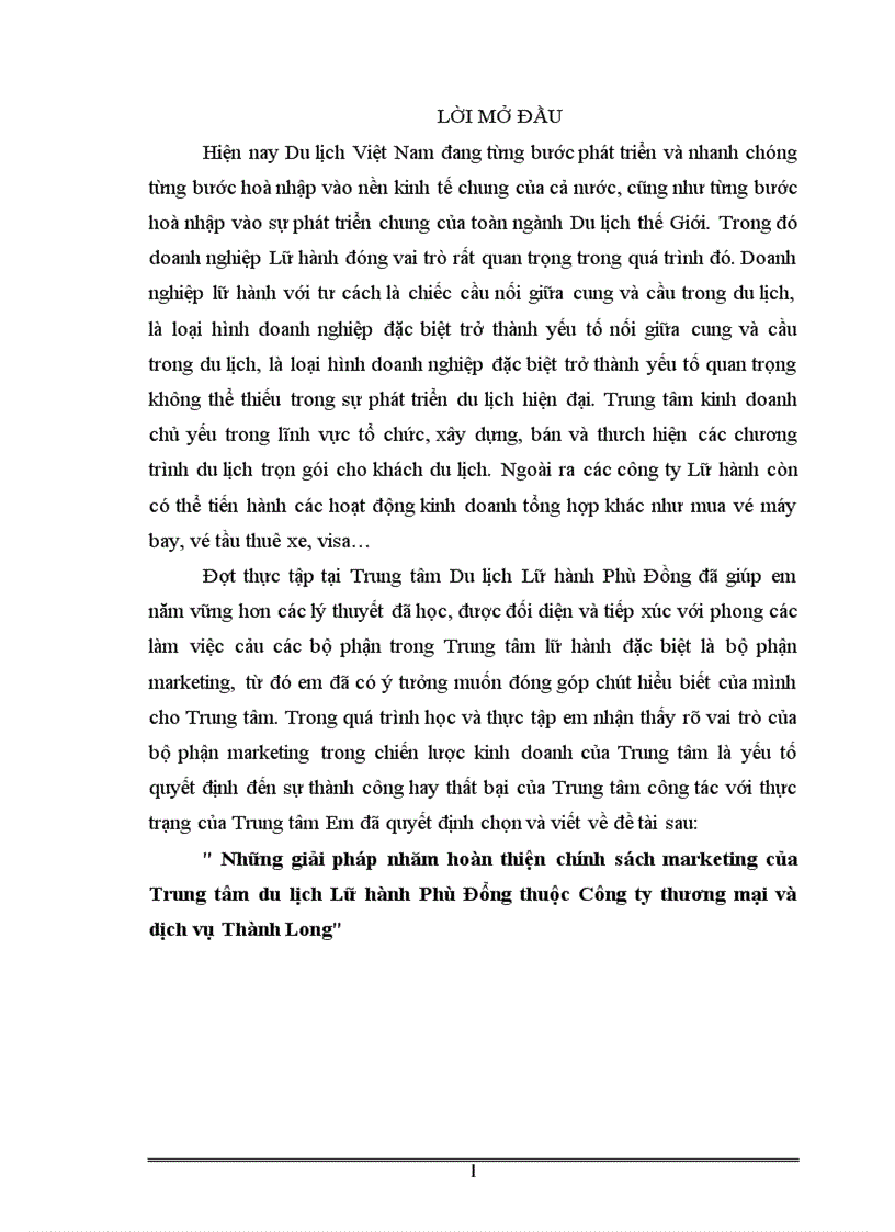 Những giải pháp nhăm hoàn thiện chính sách marketing của Trung tâm du lịch Lữ hành Phù Đổng thuộc Công ty thương mại và dịch vụ Thành Long