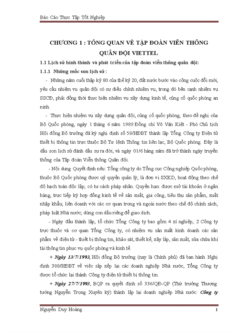 Báo cáo thực tập tại Công ty mạng lưới Viettel
