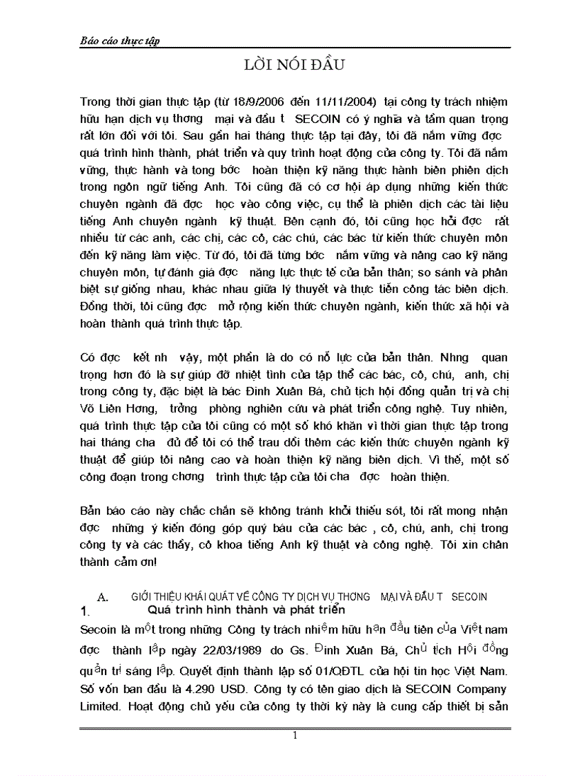 Báo cáo thực tâp tập công ty dịch vụ thương mại và đầu tư secoin