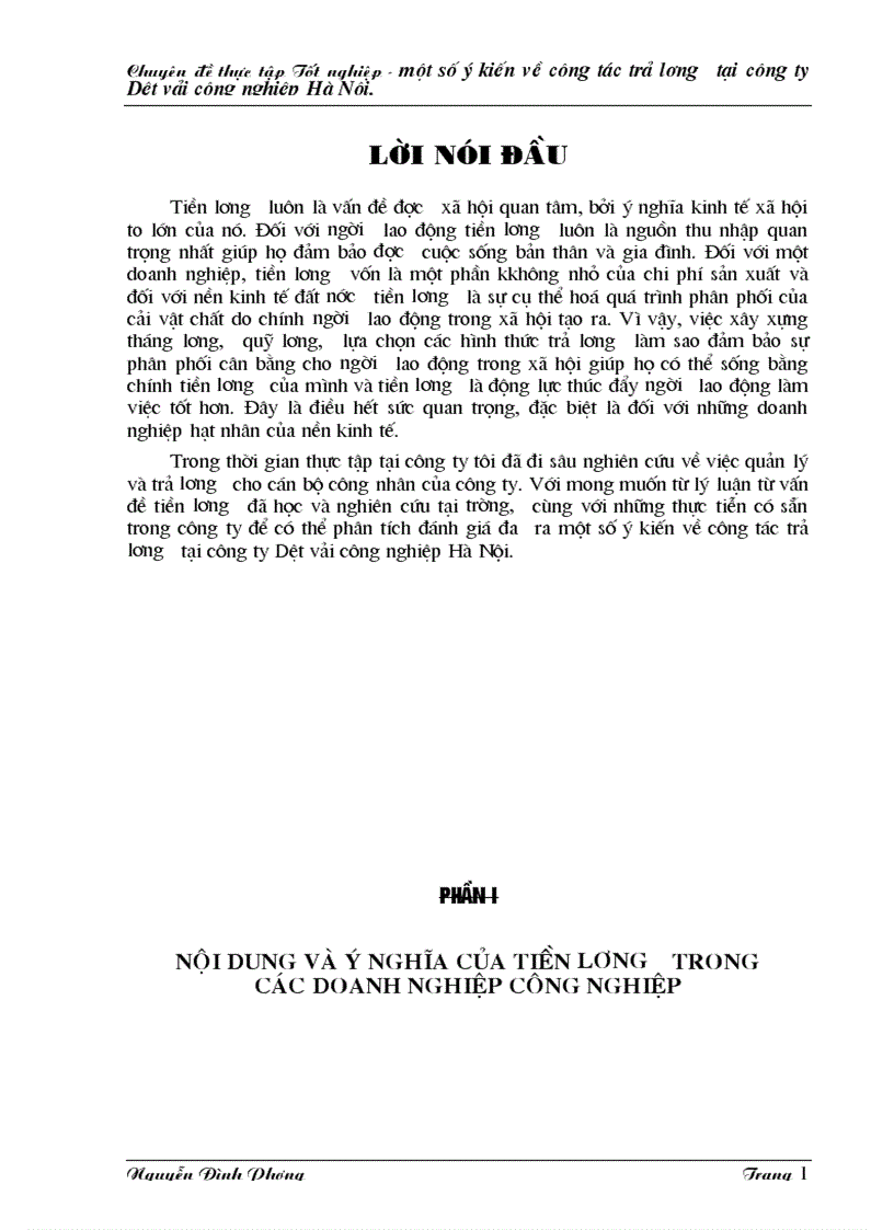 Chuyên đề thực tập Tốt nghiệp Một số ý kiến về công tác trả lương tại công ty Dệt vải công nghiệp Hà Nội