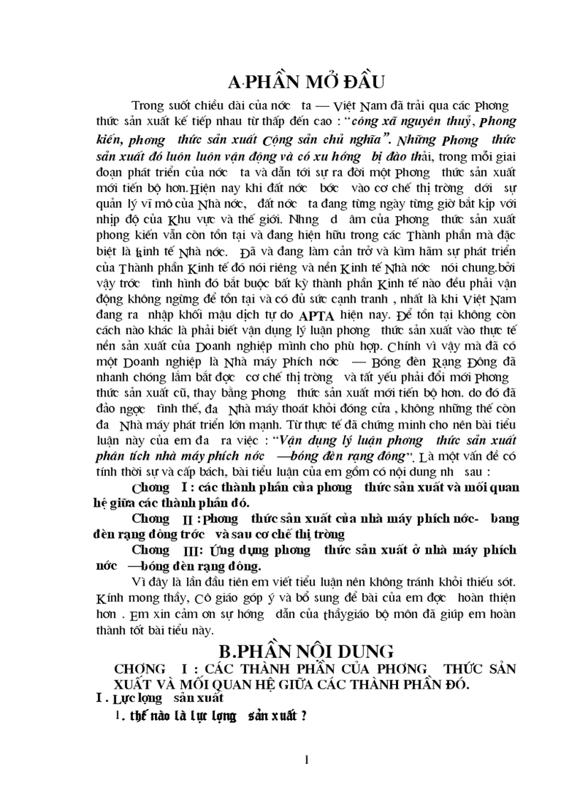 Vận dụng lý luận phương thức sản xuất phân tích nhà máy phích nước bóng đèn rạng đông