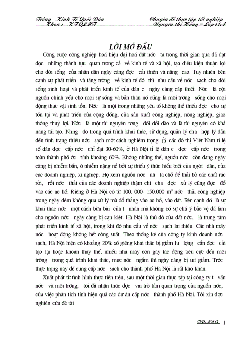 Bước đầu nghiên cứu về tính hiệu quả của dự án cấp nước sạch cho thành phố Hà Nội từ nguồn nước sông đà