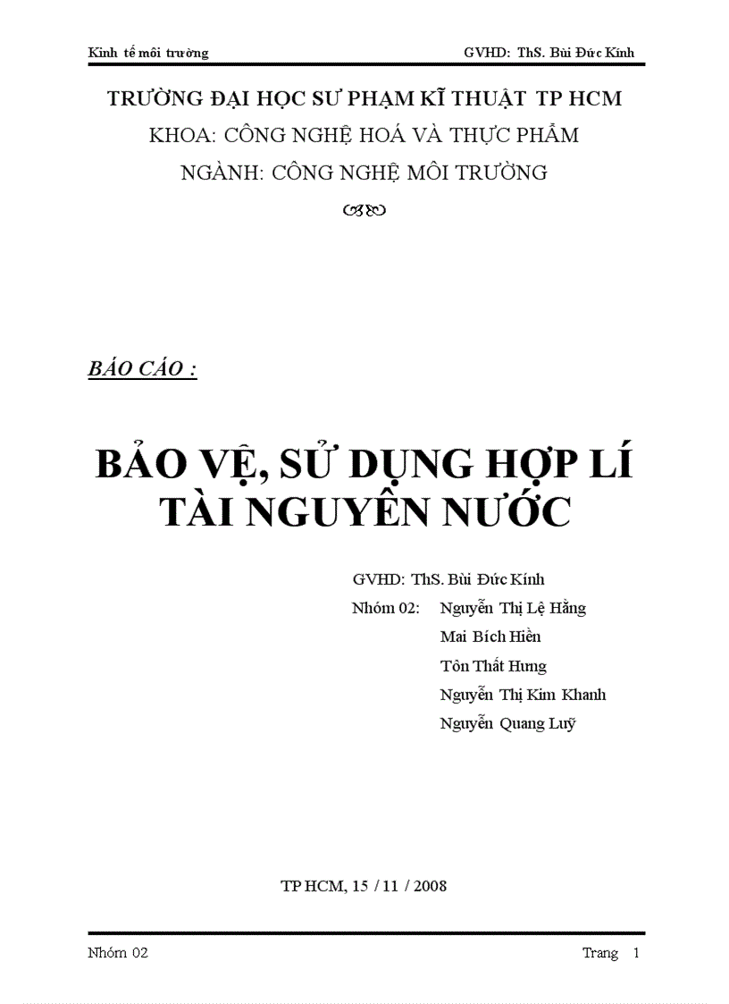 Bảo vệ sử dụng hợp lí tài nguyên nước