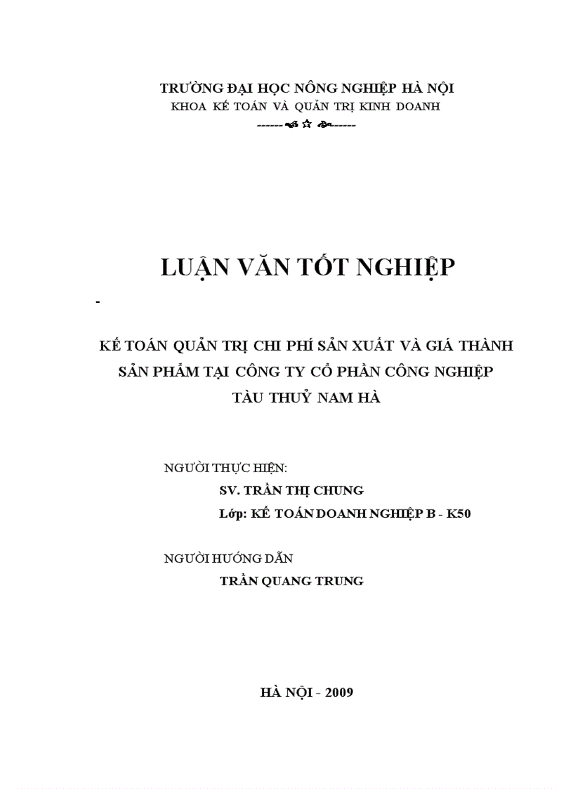 Kế toán quản trị chi phí sản xuất và giá thành sản phẩm tại Công ty cổ phần công nghiệp tàu thuỷ Nam Hà