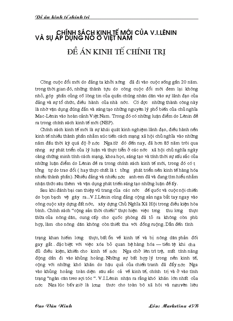 Chính sách kinh tế mới của V I Lênin và sự áp dụng nó ở Việt Nam